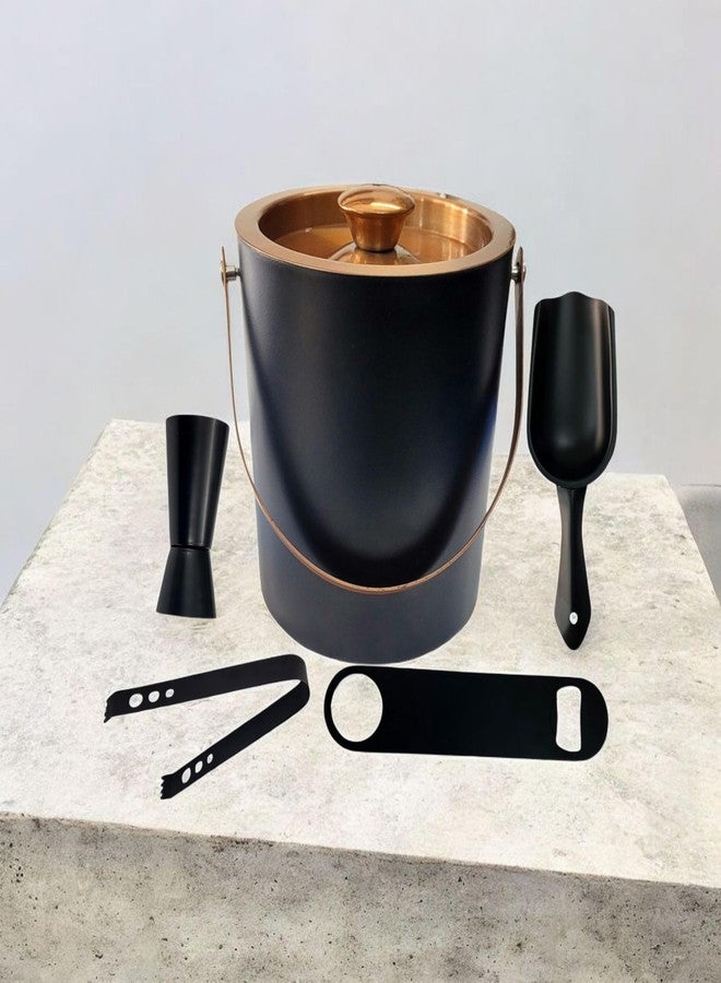 Nooks Ice Bucket with led (1.5) Set with Tongs, Scoop and Bar Tools,Opener Double-Wall Insulated, Black and Gold - Image 1